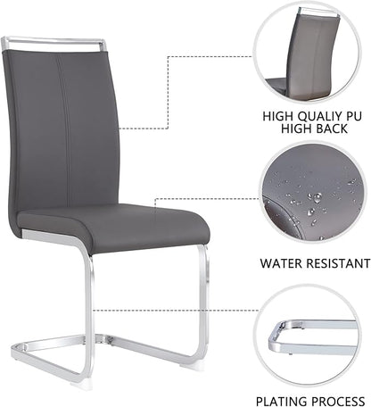 Dining Chairs Set, Kitchen Modern Metal Chairs with Faux Leather Padded Seat High Back and Sturdy Chrome Legs, Chairs for Dining Room (Grey, Set of 4)