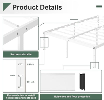 16 Inch White Queen Bed Frame No Box Spring Required, Metal Platform Queen Size Bed Frames with High Storage, Eassy Assembly 3,500 lbs Heavy Duty Bedframes