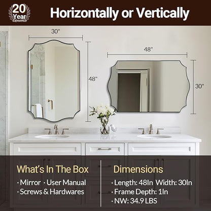 ANDY STAR 30x48 Inch Large Bathroom Mirror, Brushed Nickel Asymmetrical Mirror, Modern Rectangle Mirror with Unique Wavy Design, Premium Stainless Steel Metal, Wall-Mounted Vertically/Horizontally