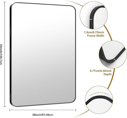 KOCUUY 55x36 Black Bathroom Mirror, Large Matte Black Vanity Mirror, Tempered Glass Mirror for Bathroom Wall, Black Rounded Rectangle Mirror Modern Decor for Bedroom, Living Room, Farmhouse, Entryway
