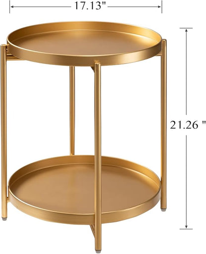 TeoKJ 2 Tier Round Side Table, Folding Metal Small Bedside Nightstand for with Two Removable Tray for Bedroom Living Room Bedside Small Spaces Gold