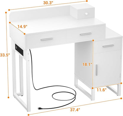 Vanity Desk with 4 Storage Drawers - Modern Makeup Vanity Table with Charging Station, White Vanity Desk with Reversible Cabinet Dressing Table Set with Divided Organizers for Women Girls, White