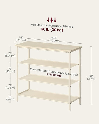 VASAGLE Shoe Rack, 4-Tier Shoe Storage Organizer for Entryway and Closet, Holds 9-12 Pairs of Shoes, 3 Fabric Shelves, Steel Frame, Modern, Natural Beige and Pearl White ULBS035K01
