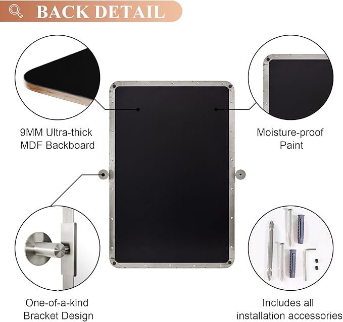 MOON MIRROR 24" x 36" Brushed Nickel Metal Framed Pivot Rectangle Bathroom Mirror, Silver Tilting Rounded Rectangular Vanity Mirror for Wall Mounted Hangs Vertical(Overall 27.75" x 36")