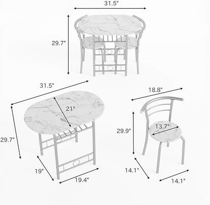 Shahoo 3-Piece Wooden Dining Table Set, Kitchen Breakfast Nook Sets with 2 Chairs & Round Tabletop, Space Saving Furniture Metal Frame and Built-in Wine Rack, Marble White