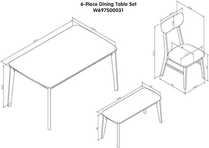Merax 6-Piece Dining Table Set, One Table One Bench and Four Chairs, High Gloss White Tabletop with Light Oak Color