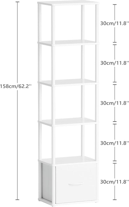 6-Tier Bookshelf with Drawer,Narrow Bookshelves Organizer,Floor Standing Ladder Shelf,Tall Bookcase for Small Space,Book shelf with Storage for Living Room, Bedroom, Office, Study White HBC505W