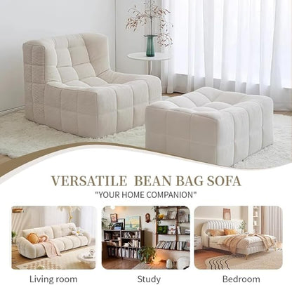 Bean Bag Chair - Memory Foam Bean Bag Chair for Adults, Comfy High-Resilience Single Sofa, Small Space Floor Chair, Chaise Lounge for Living Room, Bedroom (Beige, Square + Ottoman)