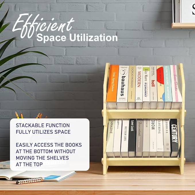 2 Pack Desktop Bookshelf, Stackable Book Organizer with Handle, Storage Rack for CD/Magazine/File Folder, Portable Small Bookshelf for Study, Living Room, Kid's Room, No Nails, Small Size