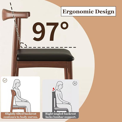 Solid Wood Dining Chair with Walnut Finish Mid Century Modern Upholstered PU Leather Dining Chairs with Curved Backrest for Dining Room, Kitchen, Study Room, Walnut Color
