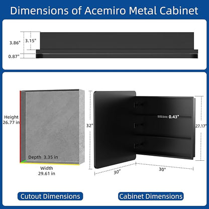 30x32 Inch Bathroom Medicine Cabinet with Mirror Black Metal Framed Mirror Cabinet Recessed or Surface Wall Mounted Medicine Cabinets for Bathroom