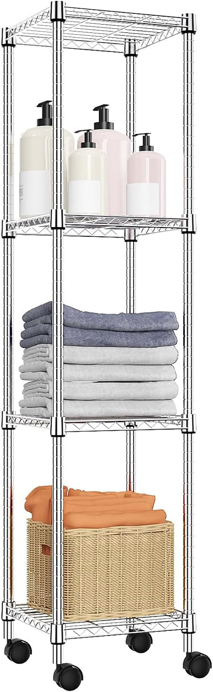Storage Shelves Adjustable, 4 Tier Shelving Units for Storage with Wheels, Corrosion Resistant Wire Shelving Unit for Kitchen Closet Bathroom Office, Chrome 11.8" D x 11.8" W x 48.1" H