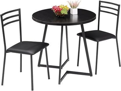 VECELO Small Round Dining Table Set for 2, Heavy-Duty Metal Frame & Upholstered Chair for Breakfast Nook, Kitchen, and Small Space, Black