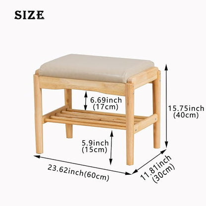 latifolia Small Shoe Bench, Solid Wood Bench with Cushion, 2 Tier Shoe Storage Organizer for Entryway(Nature,17.71''L)