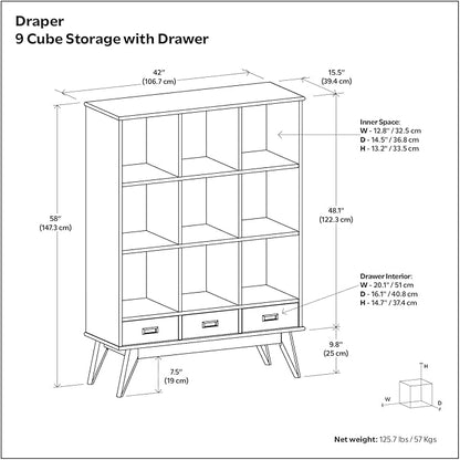 SIMPLIHOME Draper Bookcase - 58 inch Tall 9-Cube Solid Hardwood Cube Organizer with Drawers in Teak Brown, Mid-Century Storage for Living Room, Entryway or Bedroom with Cubbies and Angled Legs