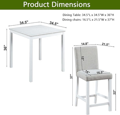KEIKI 5-Piece Counter Height Dining Table Set with Square Table and 4 Upholstered Chair, for 4 Person, Modern Style Crystal Decoration Wooden Table Set, Easy Assembly, for Kitchen, Dining Room,White