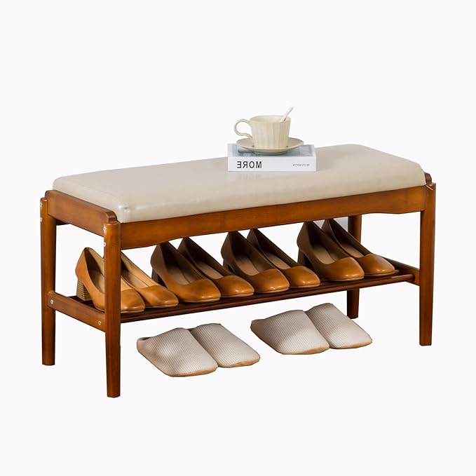 latifolia Small Shoe Bench, Solid Wood Bench with Cushion, 2 Tier Shoe Storage Organizer for Entryway(Walnut,31.50''L)