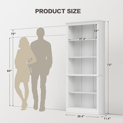 YESHOMY 72" Bookcase and Bookshelf, 5-Tier Wood Bookcases with Shelves, Tall Floor Standing Book Shelf Storage Cabinet Home Decor Furniture for Living Room, Home Office, White, 2 PCS