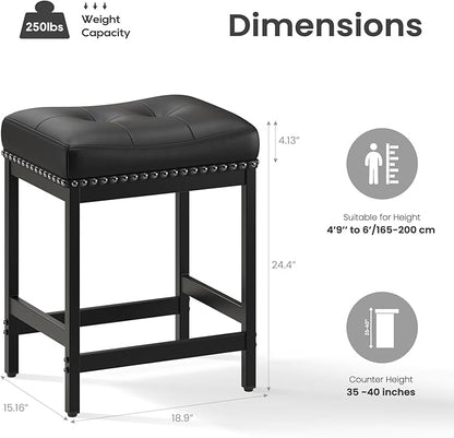 MALOL Set of 4 Saddle Bar Stools Counter Height 24.4”, Backless Barstools for Kitchen Island, Modern PU Leather Cushioned Seat, Bar Chairs for Kitchen Counter, Breakfast Bar Stools for Home,Black