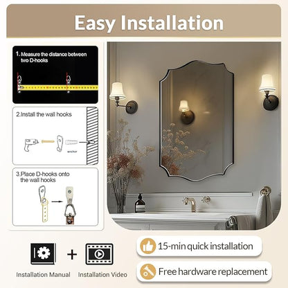 Black Bathroom Mirror, 24x32 Unique Irregular Mirror, Rectangle Mirror with Wavy Edge in Premium Stainless Steel Metal Frame 1" Deep, Wall Mounted Horizontal/Vertical