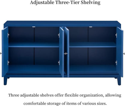 Merax 60" Sideboard Buffet Storage Cabinet with 4 Doors and Adjustable Shelves, Modern Wooden Accent Fluted Credenza Console Table for Kitchen, Dining, Living Room, Coffee Bar, Entryway, Navy Blue
