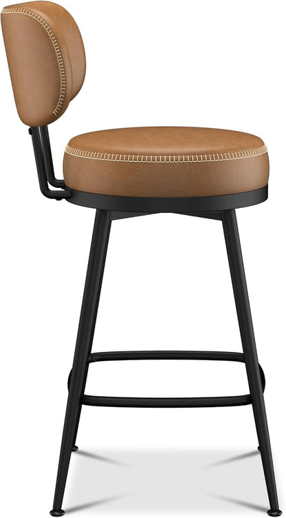 Counter Height Bar Stools, 26" H Swivel Barstools Set of 2, Faux Leather Kitchen Counter Stools with Back and Stylish Stitching, Metal Frame, Pub, Home Bar, Whisky Brown