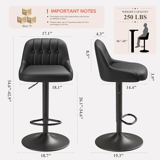 Bar Stools Set of 6, Swivel Bar Chairs, Modern Adjustable PU Leather Upholstered Barstools Counter Height with Tufted Back for Bar, Kitchen Counter Island, Dining Room, Black