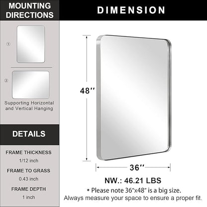 ANDY STAR 36”x48”Brushed Nickel Mirror for Bathroom, Rounded Rectangle Bathroom Mirror, Modern Metal Mirror in Premium Stainless Steel Frame, 1”Deep Set Design Hangs Horizontal Or Vertical