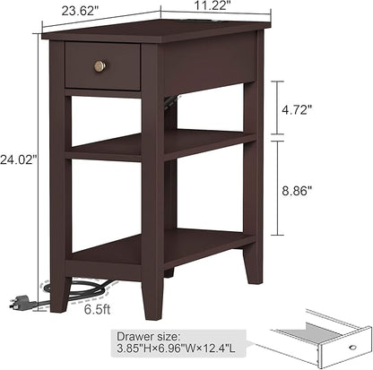 ChooChoo Narrow End Table Set of 2,Side Table Living Room with USB Ports & Power Outlets and Hidden Drawer, 3-Tier Skinny Nightstand with 2 Open Storage Shelves for Small Place(Espresso)