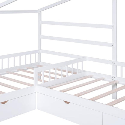 Twin Size House Platform Bed with Three Storage Drawers,Double Shared-Bed,2 in 1 Bed,L-Shaped Platform Bed for Boys Girls Shared Beds,Perfect complement to Any Small Space,White