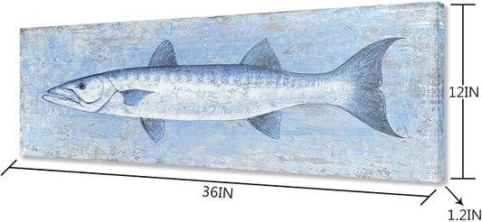 Yihui Arts Blue and White Fish Canvas Wall Art – Coastal Paintings with Textured for Living Room Bedroom Bathroom Decor