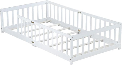 Bellemave Twin Floor Bed with Slats and Safety Guardrails, Kids Montessori Floor Beds with Fence and Without Door, Easy Assemble Floor Bed for Kids, Girls, Boys, White