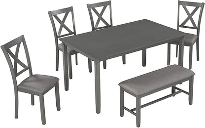 Merax 6-Piece Kitchen Dining Table Set Wooden Rectangular Dining Table, 4 Dining Chair and Bench Family Furniture for 6 People, Grey