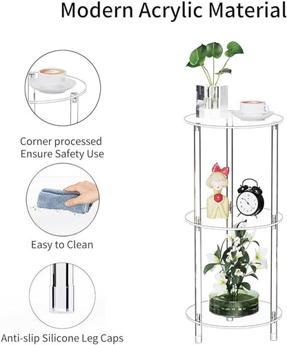 Clear Round Acrylic Side Table for Small Spaces, 11.81" L x 11.81" W x 26.7" H, 3 Tier Small Modern Drink End Table Nightstand, Minimalist Bedside Table for Living Room, Bedroom, Bathroom