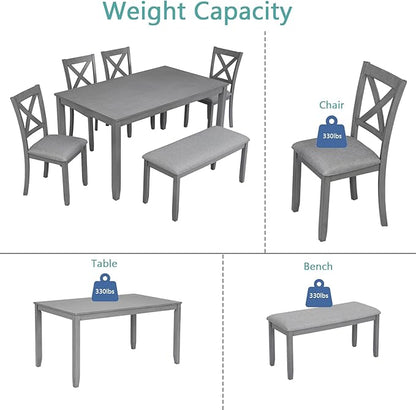 soges 6 Piece Kitchen Dining Set, Rectangular Wooden Dining Table with 4 Upholstered Chairs and a Bench, Dining Table Set for 6 People, Living Room, Home Bar and Kitchen, Gray