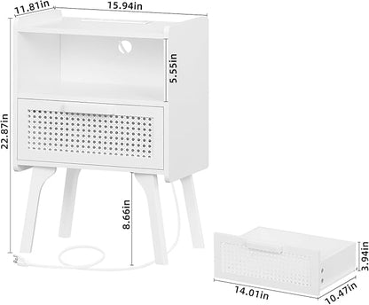 Lerliuo Rattan Nightstand with Charging Station, Side Table with Drawer Open Shelf, Cane Accent Bedside End Table with Solid Wood Legs, Night Stand for Bedroom, Dorm and Small Spaces (White)