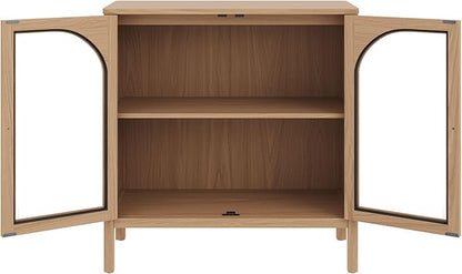 Nathan James Mason Modern Farmhouse TV Stand, Free Standing Accent Sideboard Buffet, Cabinet with Glass Doors and Adjustable Shelf, Clear Glass/Raw Oak Set of 4