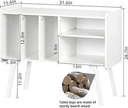 Lerliuo Record Player Stand with 4 Cabinet Holds Up to 220 Albums, Large Turntable Stand with Beech Wood Legs, Mid-Century Record Player Table,White Vinyl Holder Storage Shelf for Bedroom Living Room