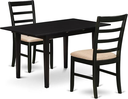 East West Furniture NOPF3-BLK-C 3 Piece Dining Room Table Set Contains a Rectangle Kitchen Table with Butterfly Leaf and 2 Linen Fabric Upholstered Chairs, 32x54 Inch, Black