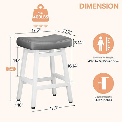 Counter Height Bar Stools Set of 2, 24 Inch Barstools for Kitchen Counter, Kitchen Stools with Bonded Leather Saddle Seats & Heavy Duty Metal Legs, Easy Assembly, Gray/White
