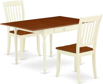 East West Furniture MZDA3-WHI-W 3 Piece Dining Table Set for Small Spaces Contains a Rectangle Dining Room Table with Dropleaf and 2 Wooden Seat Chairs, 36x54 Inch, Buttermilk & Cherry