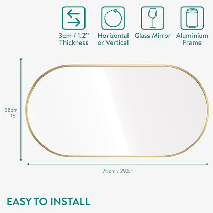 Navaris Oval Wall Mirror - 75 x 38 x 3 cm - Wall Mounted Hanging Mirror with Brushed Brass Rustproof Aluminium Frame - Mirror for Bathroom Bedroom Hallway