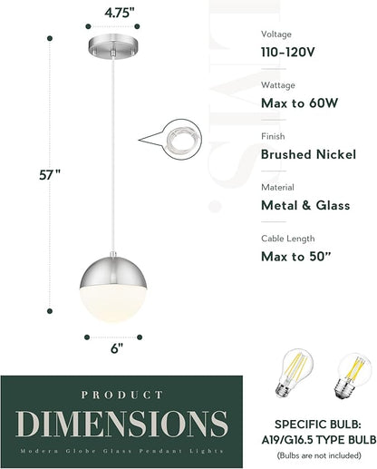 LMS Mid Century Pendant Lights, Brushed Nickel Kitchen Island Light Fixtures with White Globe Glass Shade, Adjustable Hanging Cord, 2-Pack for Home Office Dining Room Bathroom, LMS-186PL-BNWS2PK