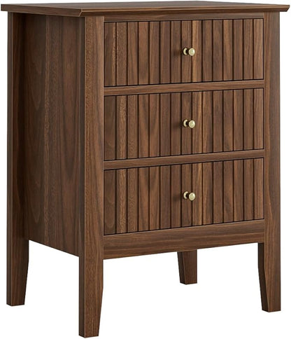 Night Stand, Fluted Nightstand Bedside Tall Farmhouse Nightstand with 3 Drawers, Mid Century Modern Side Accent Table,Bedside End Table for Bedroom, Living Room, Walnut
