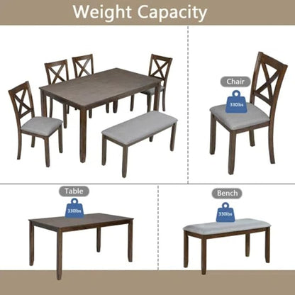 6-Piece Dining Table Set for 4-6 People, Kitchen Set with 4 Upholstered Chairs and One Bench, Living Room Chairs with X-Shape Backrest, Rectangular Wooden Table for Home Bar, Walnut
