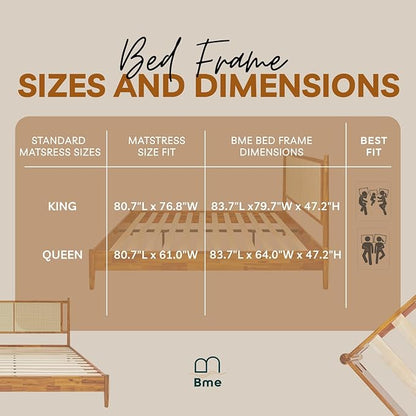 Bme Oliver King Bed Frame and Headboard - 15-Inch Signature Design with Rattan Headboard, Bohemian and Mid Century Style, 12-Slat Wood Support, No Box Spring Needed - Easy Assembly, Caramel
