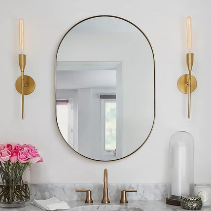 ANDY STAR Gold Oval Mirror, Brass Mirror for Wall, Oval Mirrors for Bathroom in Stainless Steel Metal 1’’ Thin Frame Pill Shaped Mirror Hangs Vertical or Horizontal Ideal for Limited Space