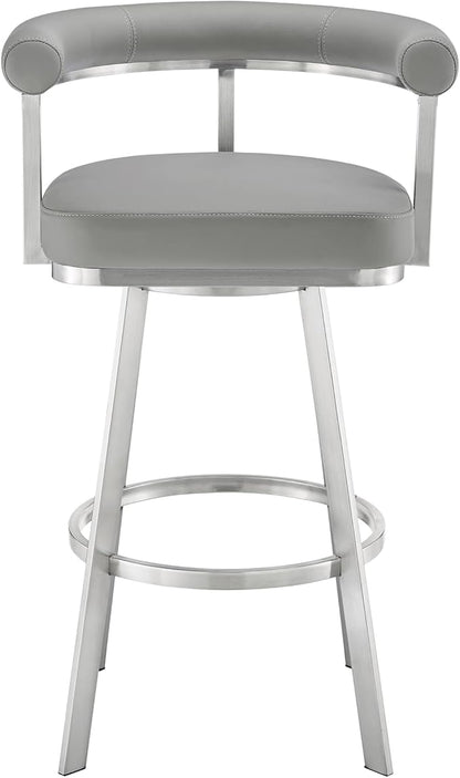 Armen Living Magnolia Swivel Counter Stool in Brushed Stainless Steel with Light Grey Faux Leather