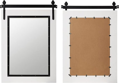 YOSHOOT Farmhouse Barn Door Mirror, 32"x24" Rustic Bathroom Mirror, Wood Frame Wall Mirror, Wooden Mirror for Living Room Bedroom Entryway Wall Décor, Vertical Hanging ONLY