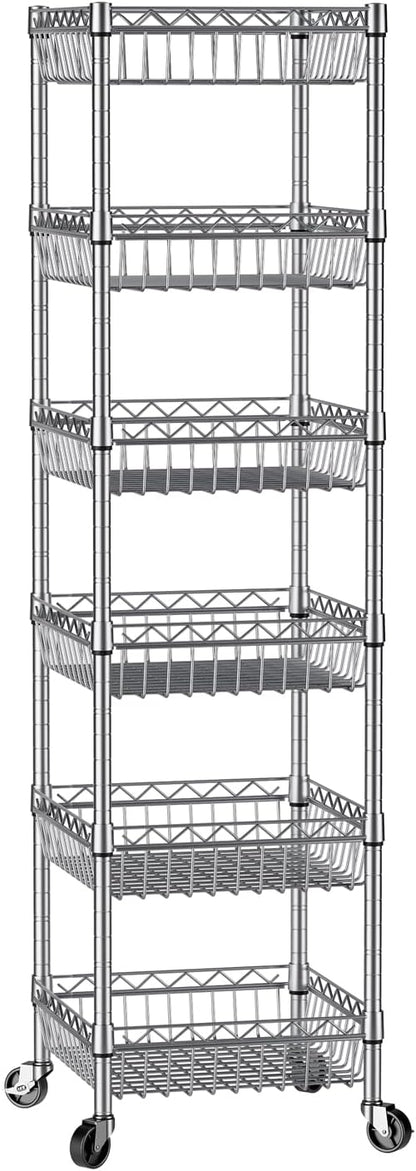 SINGAYE 6 Tier Shelf Adjustable Storage Shelves Rack Standing Units with Wheels Closet Wire Shelving Organizers Metal Pantry Kitchen Laundry Room 13.5" D x 13.5" W x 63" H Silver